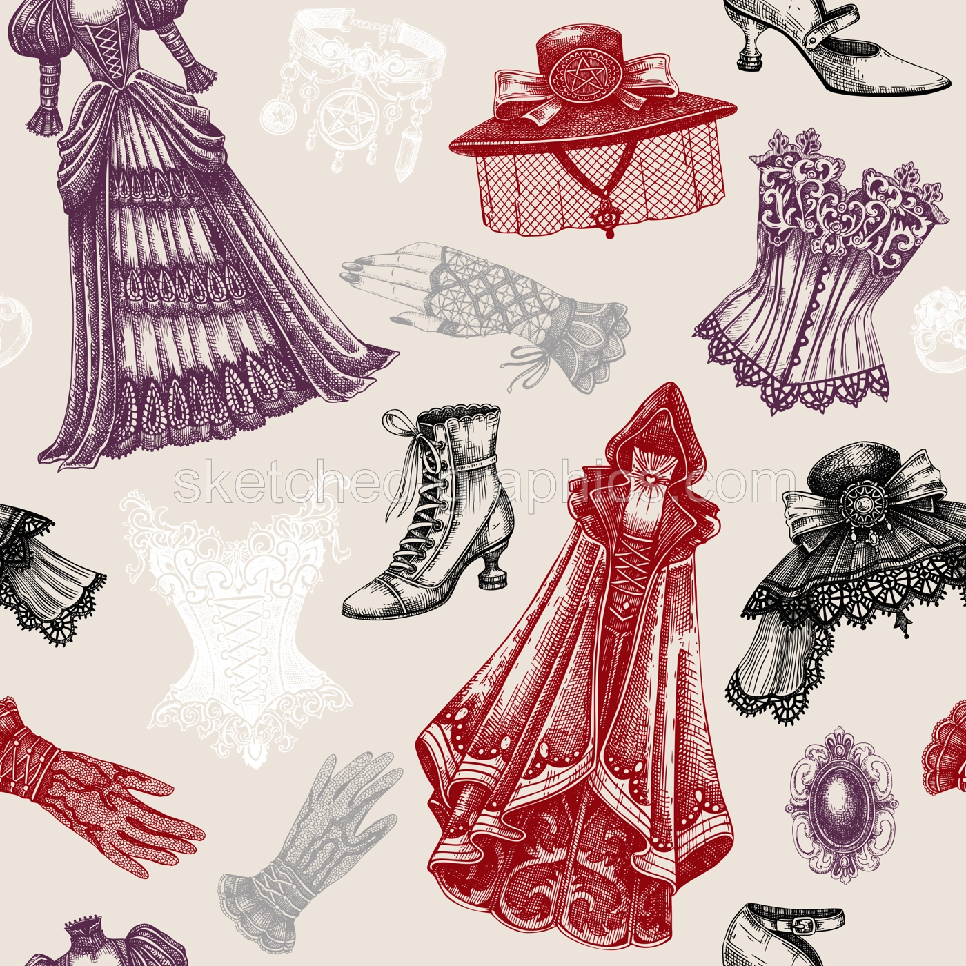 Gothic background. Hand-drawn fashion illustration. Victorian clothes designs. Halloween seamless pattern. Vampire woman vector. NOT AI generated Illustration